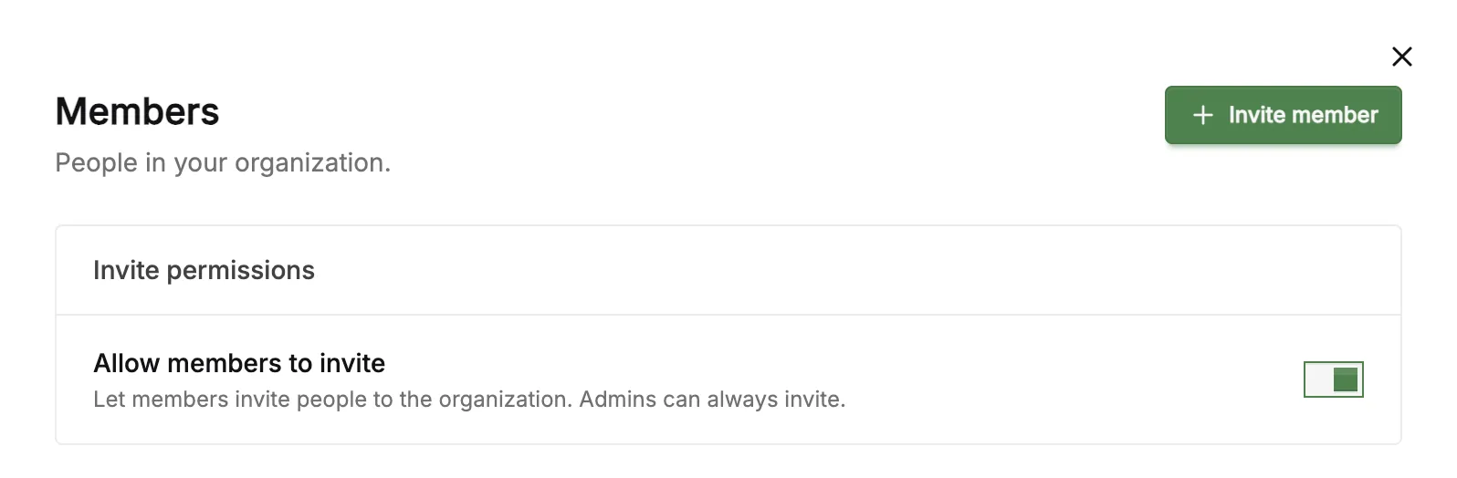 The Members settings page showing the Invite member button and invite permissions.